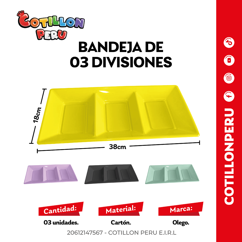 Bandeja De 3 Divisiones x 3 Und